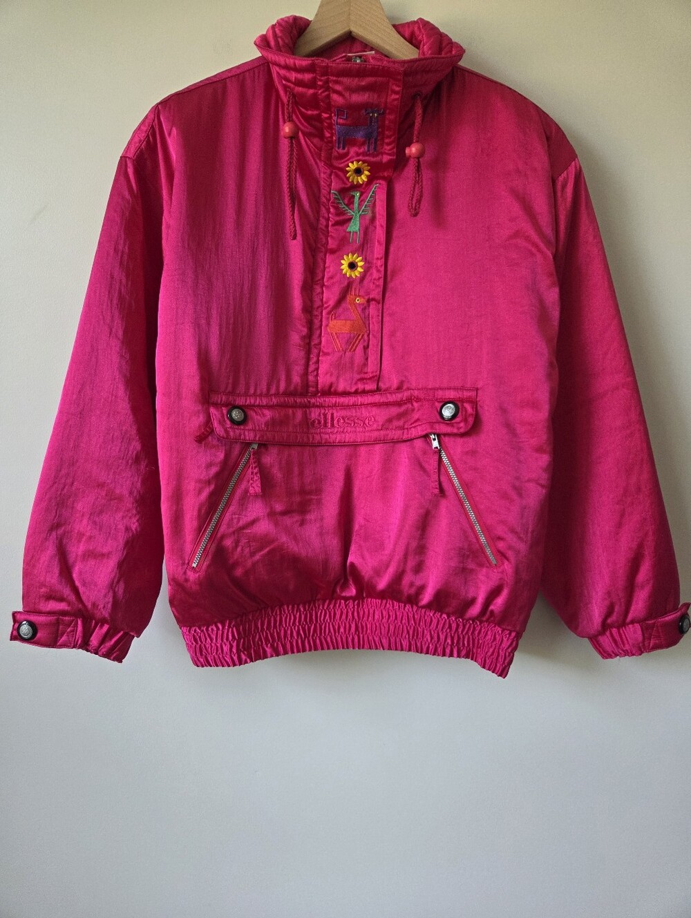 Vintage Ellesse Ski Jacket Neon Pink Embroidered Anorak Pullover Womens Size Med
